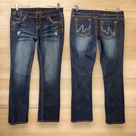 Slim Boot Low Rise Jeans Dark Wash Women 11/12R Thick Stitch Studs Whiskers Fade - Picture 2 of 16